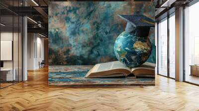 The Earth is placed on an open book with a graduation hat Wall mural