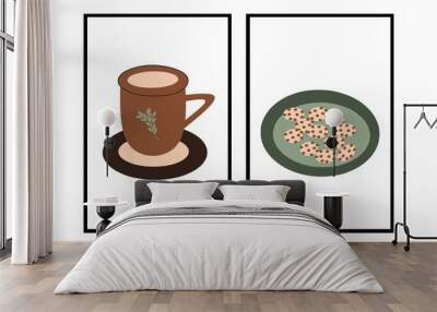 Set two of a cup of coffee and biscuits wall art. Kitchen wall decor. Minimalist Scandinavian wall decorations. Wall mural