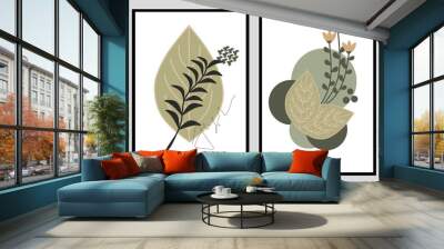 set two of green bontanical flowers wall art. Organic shapes wall Decorations. Scandinavian style wall decor with leafs design. Vector Ilustration. Wall mural