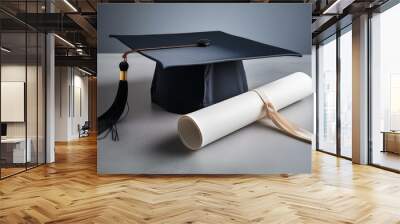 Diploma and hat of a university graduate on a gray background Wall mural