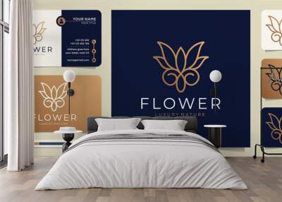 Minimalist gold flower rose luxury beauty salon,line art, fashion, skin care, cosmetic, yoga and spa products. logo templates and business card design.Premium Vector Wall mural