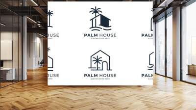 minimalist house with palm tree logo vector, tropical beach home or hotel icon design illustration. Wall mural