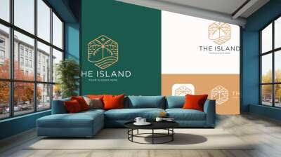 minimalist the island logo of waves and palm tree outline art vector. Wall mural