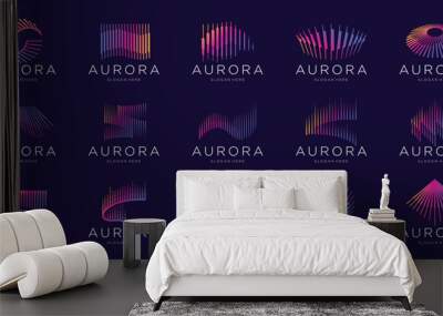 set of minimalist aurora logo big bundle with gradient modern color branding on dark background. Wall mural