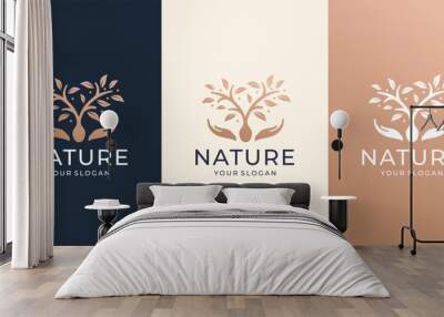 set Tree vector icon. Nature trees with hand care concept vector illustration logo design. Wall mural