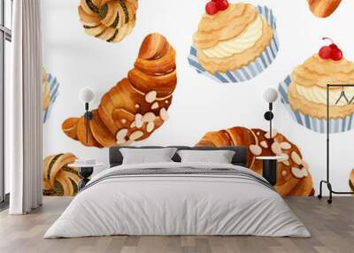 Almond croissant, poppy bun and cream pastry watercolor seamless pattern  Wall mural