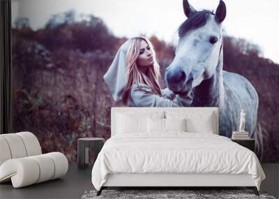  beauty blondie with horse in the field,  effect of toning Wall mural