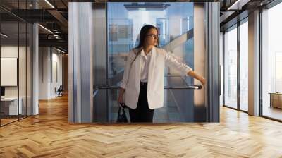 Charming young business lady in the Elevator in the business center. A young woman Wall mural