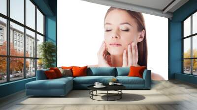 girl uses the cream and the serum. young and beautiful woman caring for skin Wall mural