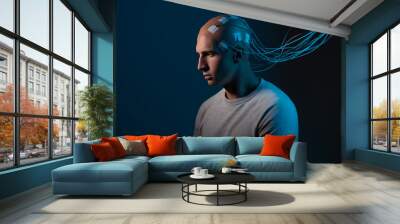 man with electrodes in his head is a futuristic concept of virtual reality and mind control. Wall mural