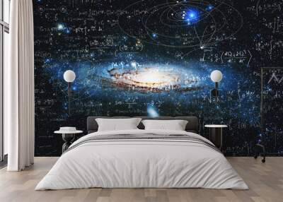 Science and research of the universe, spiral galaxy and physical formulas, concept of knowledge and education Wall mural