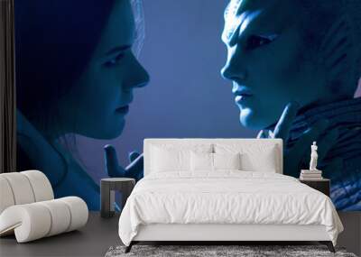 Woman and an alien look at each other. Contact with other civilizations Wall mural