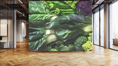 Ingredients of healthy green food. Background with Swiss chard, broccoli, peppers, Romanesco, violet cauliflower Wall mural