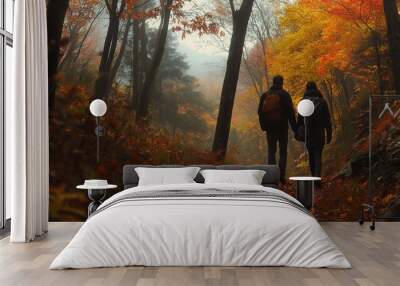 A couple hiking through a colorful autumn forest, with leaves crunching underfoot Wall mural