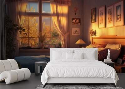 A cozy bedroom with calming decor, designed for peaceful sleep and mental relaxation Wall mural