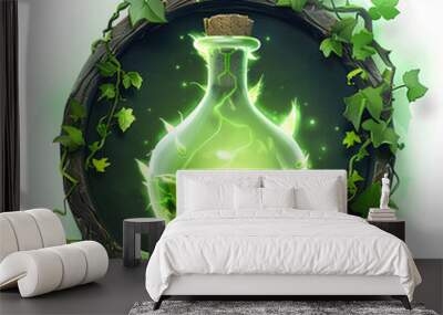 a game icon with a frame on the background of which a green potion is displayed. The frame is covered with green ivy. the light glow of the liquid is ideal for online game. on a white isolated backgro Wall mural