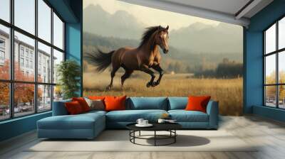 A horse running freely in a wide open field, with mountains in the background Wall mural