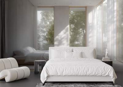 A minimalist bedroom with light wood floors, white bedding, and large windows for a bright, open feel Wall mural