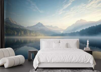 A serene landscape of a mountain lake at sunrise, with mist gently floating over the water and reflections of towering peaks, capturing the calm and beauty of nature Wall mural