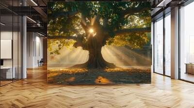 A serene scene of a Bodhi tree at dawn, with soft golden light filtering through the leaves and a tranquil atmosphere. Bodhi Day selebration  Wall mural