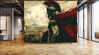 An illustration featuring a Spartan soldier wearing a helmet, set against a battlefield background, capturing the essence of ancient warfare and courage.
 Wall mural