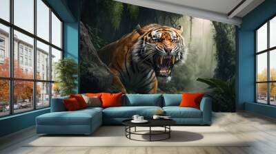 Angry Tiger portrait on jungle background, Generative AI Wall mural