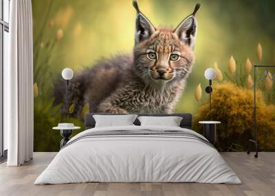 Baby lynx in spring green grass with flowers. Generative AI Wall mural