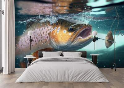 Big predatory fish in habitat underwater looking for prey. Fishing concept, Generative AI Wall mural