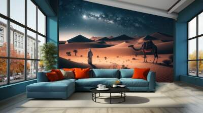 Camel on the background of the night starry sky. Generative AI Wall mural