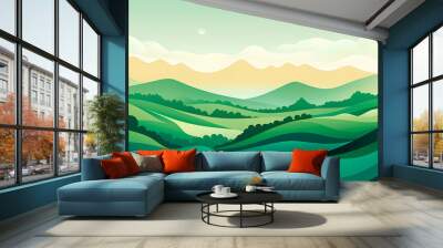 Capturing the essence of nature: a minimalistic illustration featuring abstract green landscapes with serene mountains and rolling hills as a tranquil backdrop.





 Wall mural