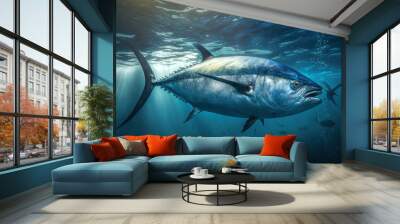 Close big bluefin tuna fish swimming in clear ocean water, Generative AI Wall mural