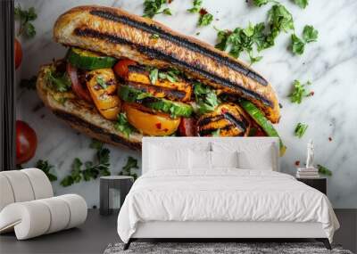 Delicious sandwich with grilled veggies, fresh tomatoes, and herbs on a white marble surface, top view, vibrant colors, rustic presentation, natural light, space for text Wall mural