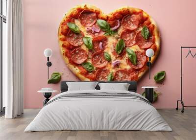 heart shaped pizza on table. generative ai Wall mural