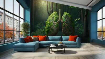 Human lungs made with fresh green plant leaves and herbs in forest, Generative AI Wall mural