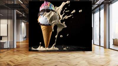 Illustration of splash of ice cream scoop on waffle cone. Dark background, Generative AI Wall mural