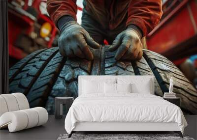 Mechanic's hands gripping a brand-new truck tire inside a workshop, set against a vibrant red backdrop, changing between winter and summer tires. Wall mural