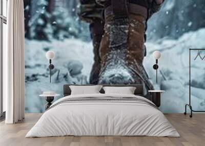 Military boots of soldiers positioned on snowy terrain. The concept of winter warfare Wall mural