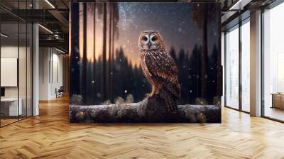 Owl sits on the trunk of a fallen tree in the middle of the night forest against the background of the stars and moon, Generative AI Wall mural