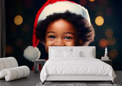 Portrait of a cheerful child in a red Santa hat. Christmas photo. Wall mural