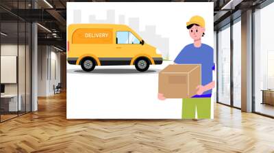 Courier with box and yellow car. Fast delivery concept. illustration. Wall mural