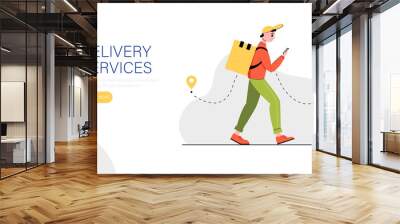 Delivery service landing page template. Fast delivery by courier to your home. Vector illustration. Wall mural