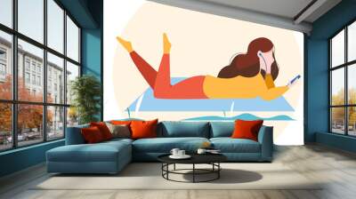 Happy girl listening to music in the fresh air. Illustration of the concept for relaxation and recreation. Vector illustration in flat style. Wall mural