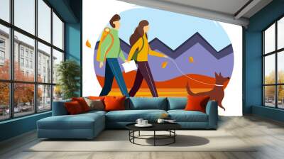 Young couple with backpacks, the map and the dog are walking among the mountains. Conceptual illustration of Hiking, outdoor recreation, and active life. Autumn illustration in flat style. Wall mural