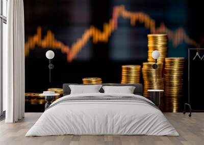 Stacks of golden coins with a bar chart in the background, symbolizing the concept of stock exchange and financial analysis. Wall mural