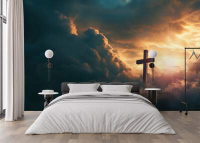 The sacred cross, symbolizing the death and resurrection of Jesus Christ, stands prominently atop Golgotha Hill, enveloped in divine light and ethereal clouds, evoking an apocalyptic theme. Wall mural