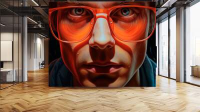 Tired eyes in glasses. Man in glasses with strained eyes. Burst capillaries in the eyes due to constant wearing of glasses. Red eyes from being tired of looking at this world with glasses Wall mural