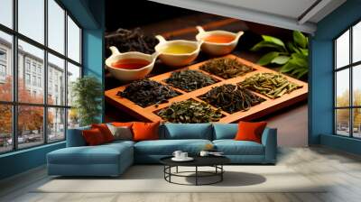 Types and varieties of loose leaf tea and on a wooden table. Tea culture and tradition. AI generated Wall mural