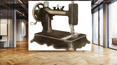 Vintage dark brown sewing machine, watercolour illustration. dress making tool. Wall mural