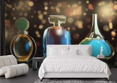 3d illustration of perfume bottles close up with reflections on black background Wall mural