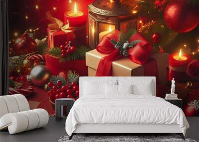 christmas background with boxes and decorations, created whit A.I. generativo. Wall mural